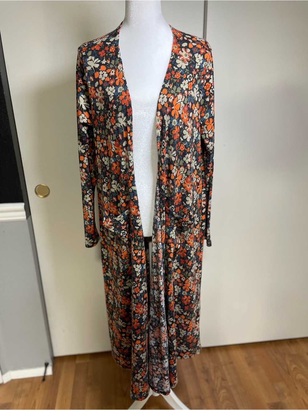LuLaRoe Long Floral Cardigan in Orange, Cream & Black